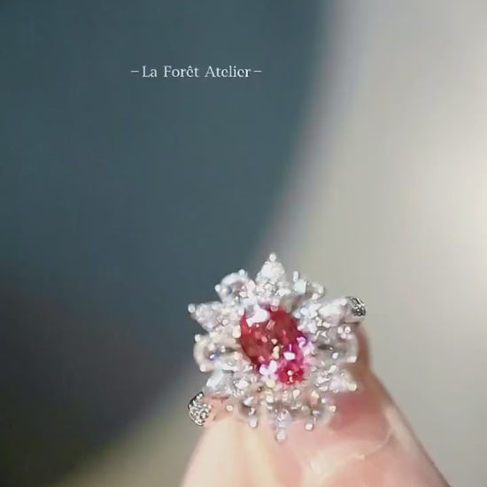 Floral ring with 1 carat lab padparadscha sapphire and diamond halo








