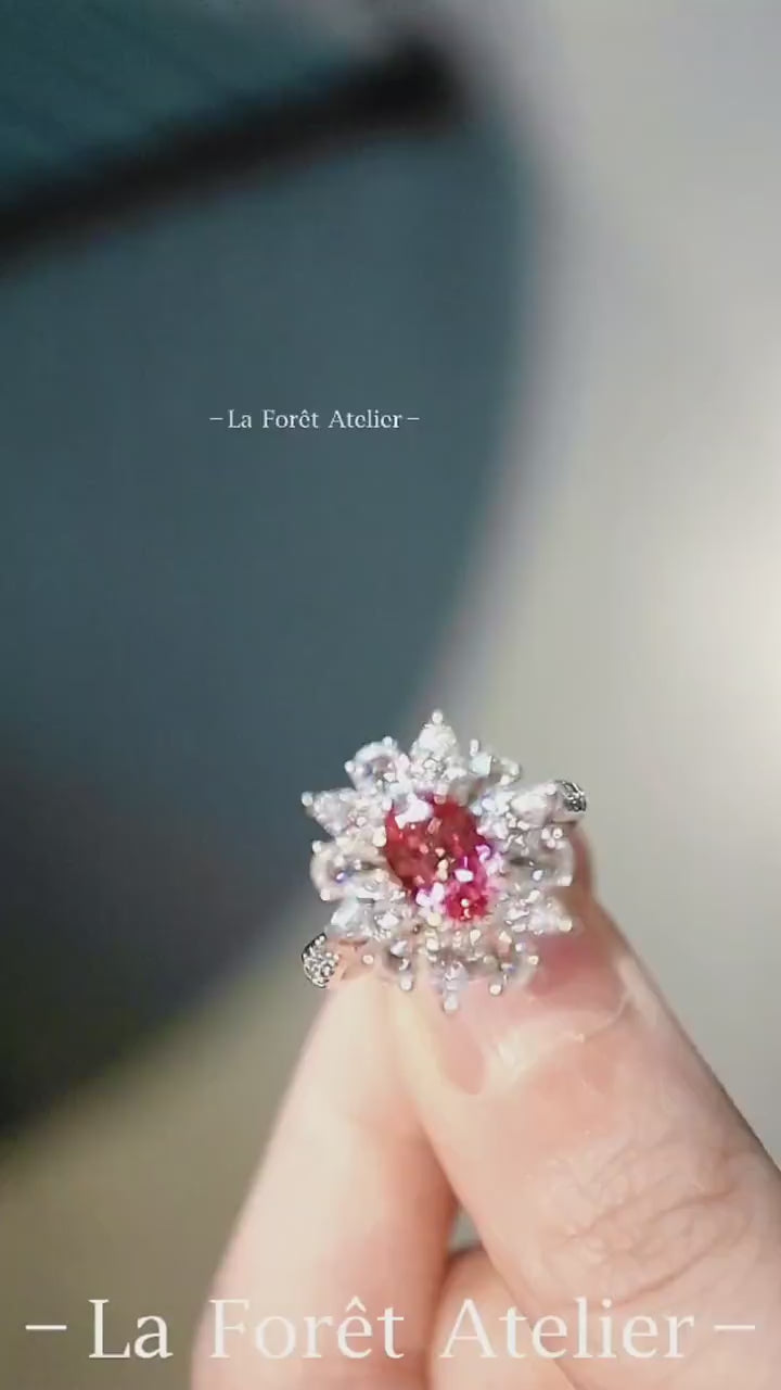 Floral ring with 1 carat lab padparadscha sapphire and diamond halo








