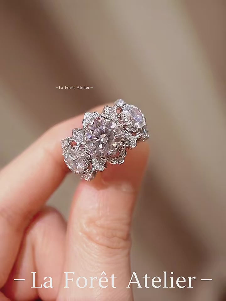 Myrienne ring with 3ct lab-grown diamond, floral halo and side diamonds in white gold – luxurious statement engagement ring

