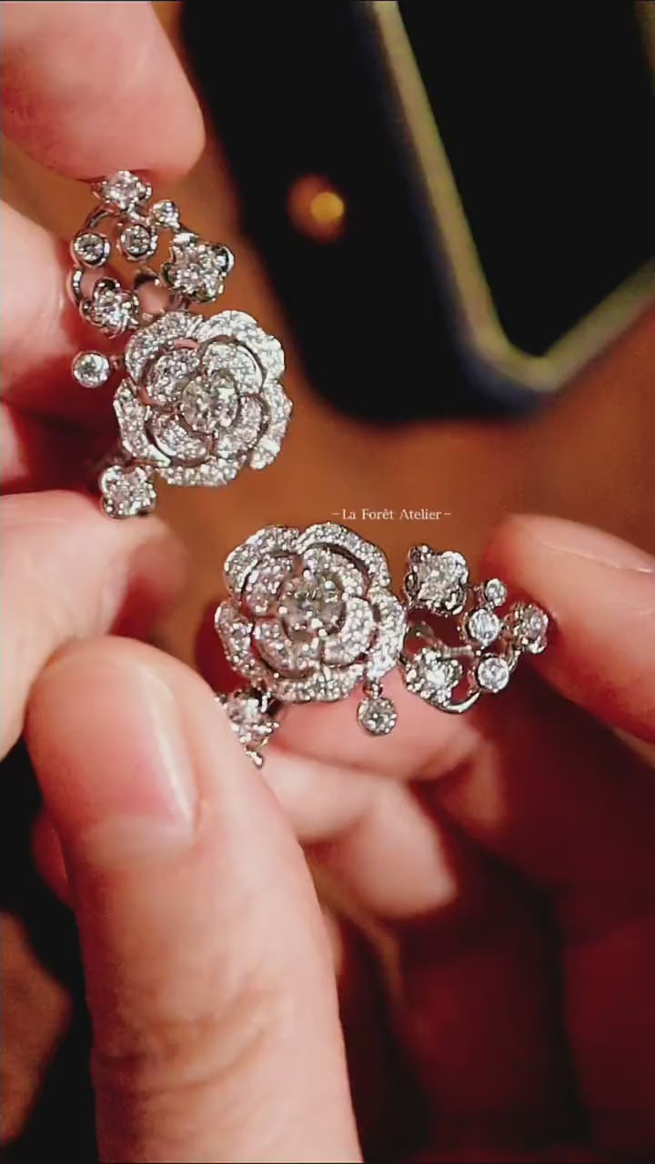Lelara floral earrings with lab-grown diamonds and dangling accents in white gold – elegant drop earrings for weddings or special events

