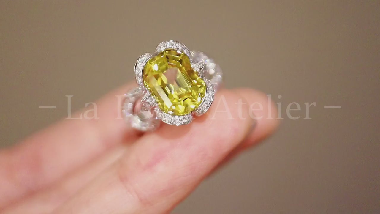 Zeryna ring with 6ct lab canary yellow sapphire and diamond halo in vintage-inspired white gold setting








