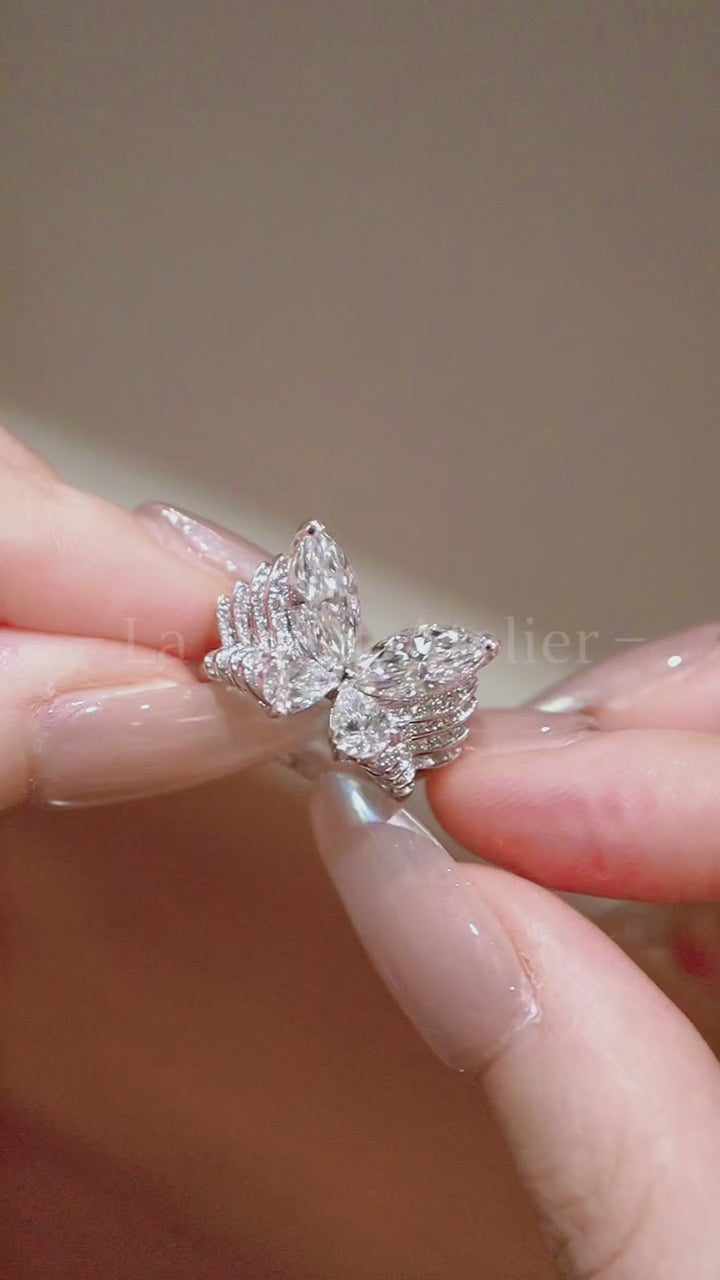 Brynja butterfly ring with lab-grown marquise and pear diamonds in white gold – delicate and symbolic fine jewelry design


