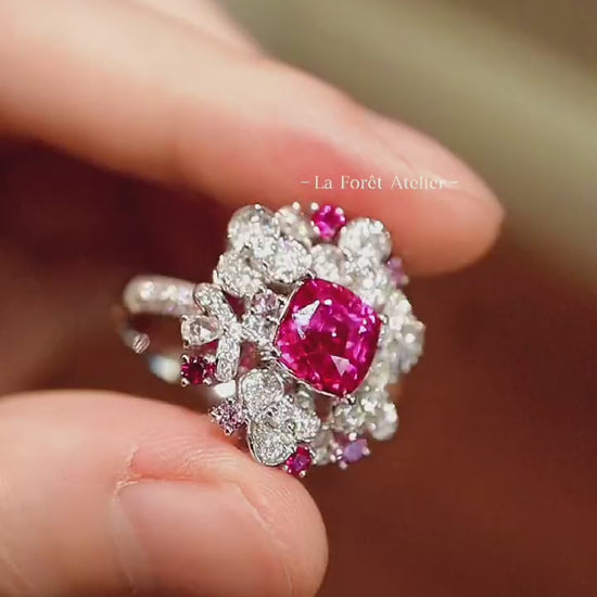 2.5ct lab pink sapphire floral cocktail ring with diamond accents in 14k white gold








