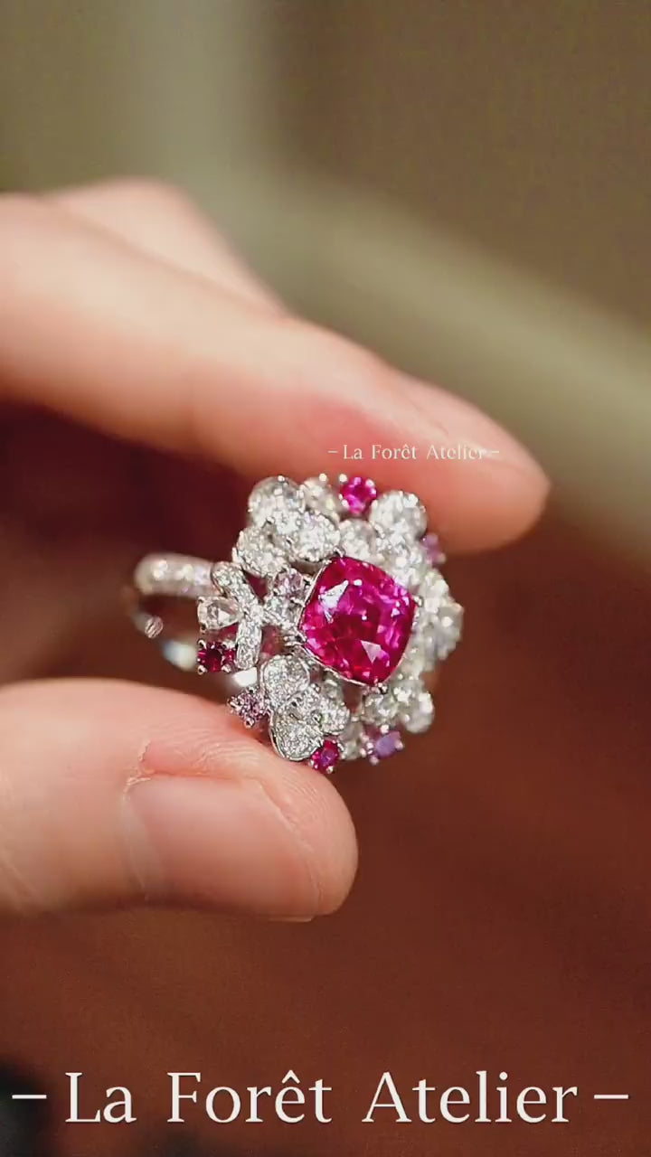 2.5ct lab pink sapphire floral cocktail ring with diamond accents in 14k white gold









