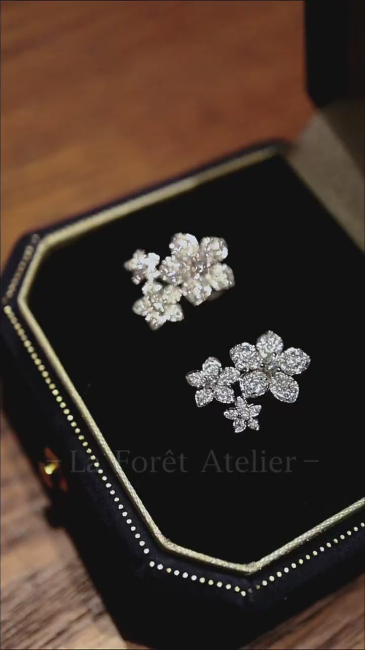 Faylenne earrings with triple floral clusters of lab-grown diamonds in white gold – elegant botanical-inspired stud earrings

