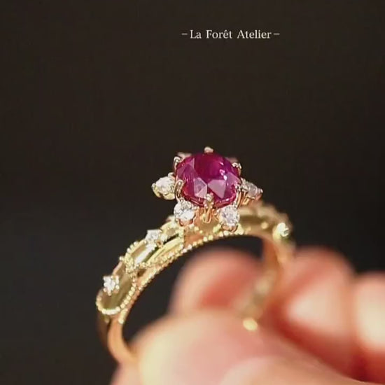 Fiora gold ring with lab spinel and floral diamond crown setting








