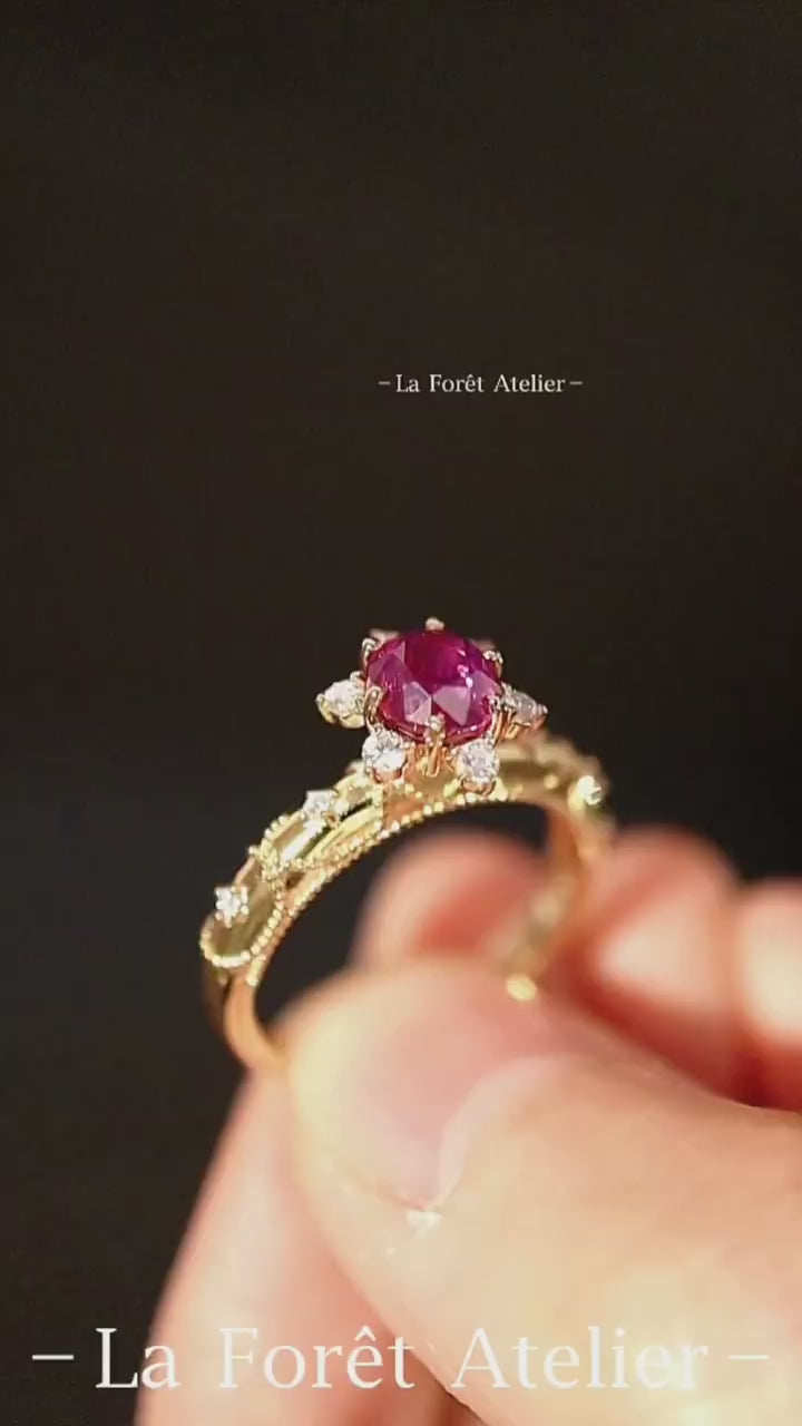 Fiora gold ring with lab spinel and floral diamond crown setting








