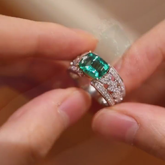 Bold lab-grown emerald ring with cushion-cut 2ct stone and pavé diamond split band








