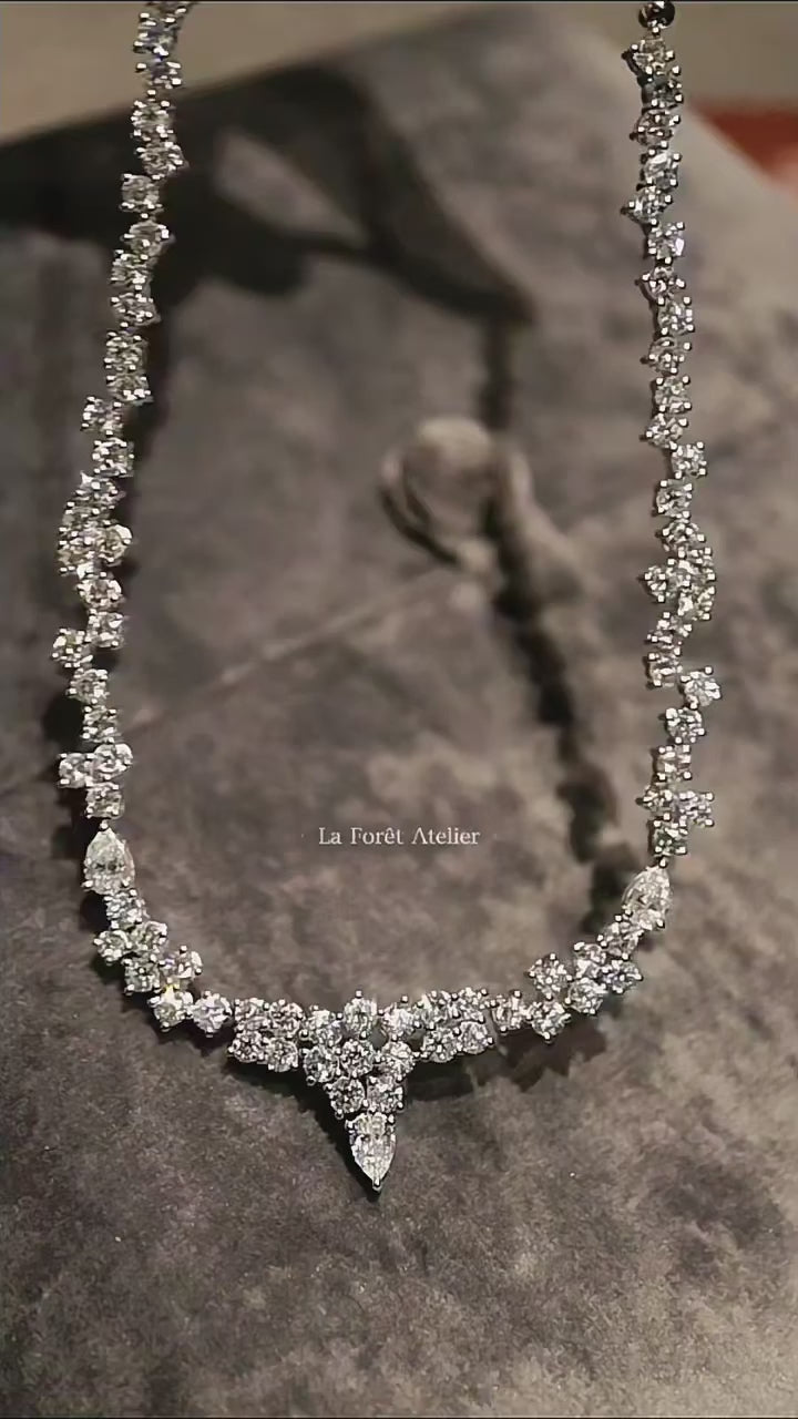 Jesira necklace with clustered lab-grown round diamonds and pear-cut drops in white gold – luxury diamond collar for wedding or formal wear


