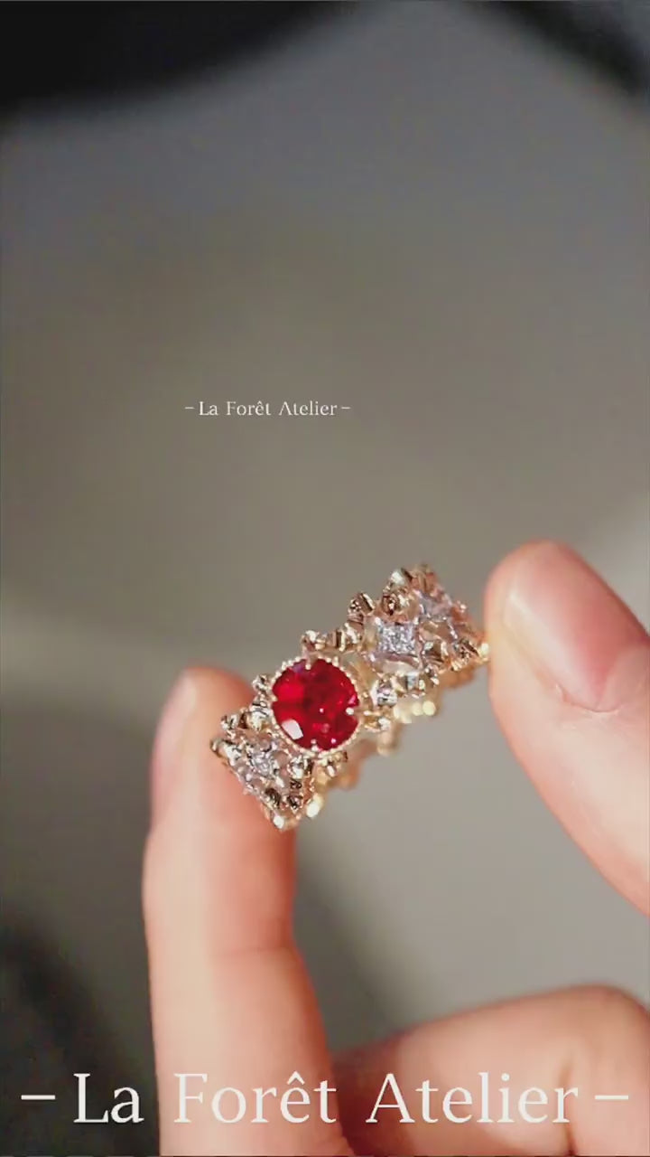 Quira ring with 1ct lab-grown ruby and diamond-accented crown design in gold – bold and romantic fine jewelry ring

