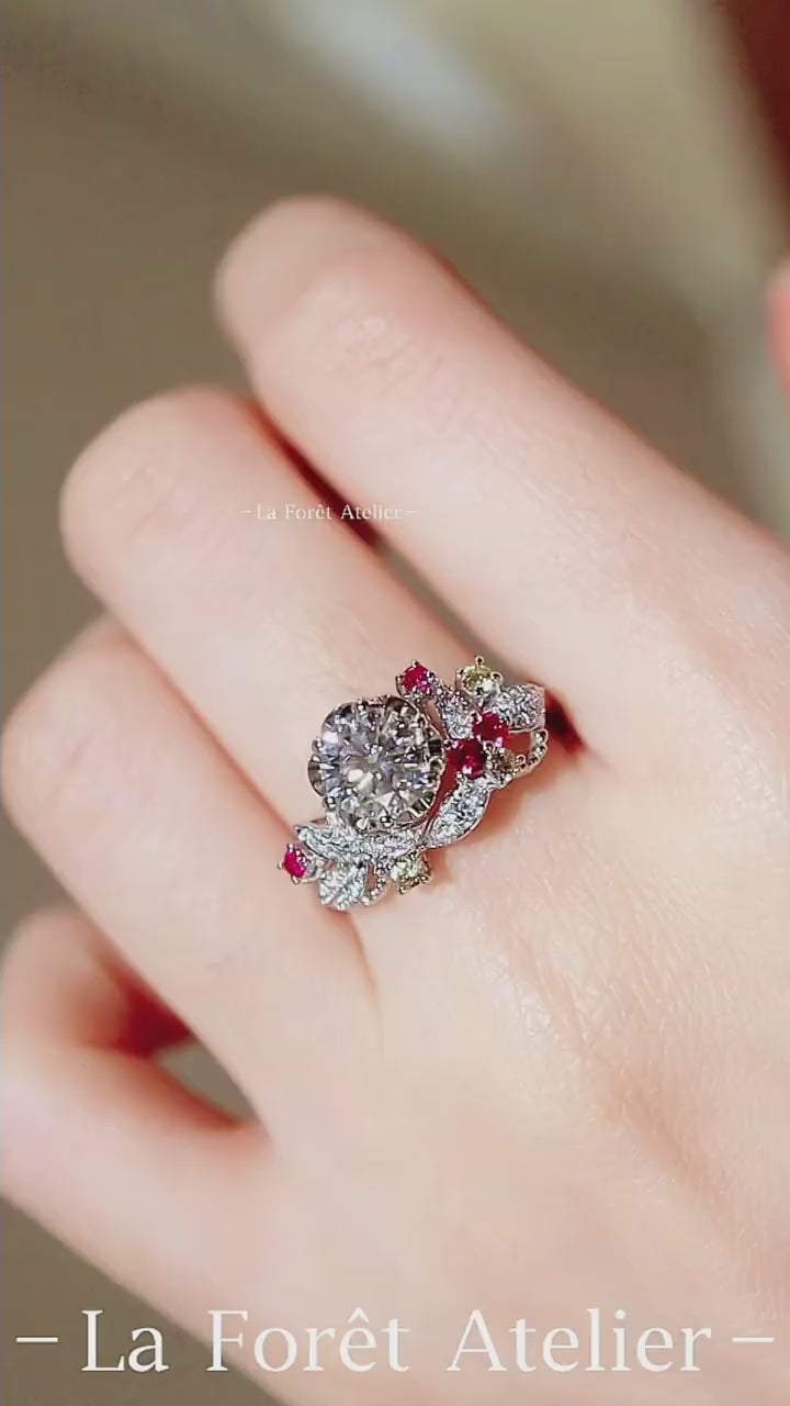 Elantria ring with round lab-grown diamond center, ruby, yellow, and white gemstone floral accents in gold – asymmetrical designer engagement ring

