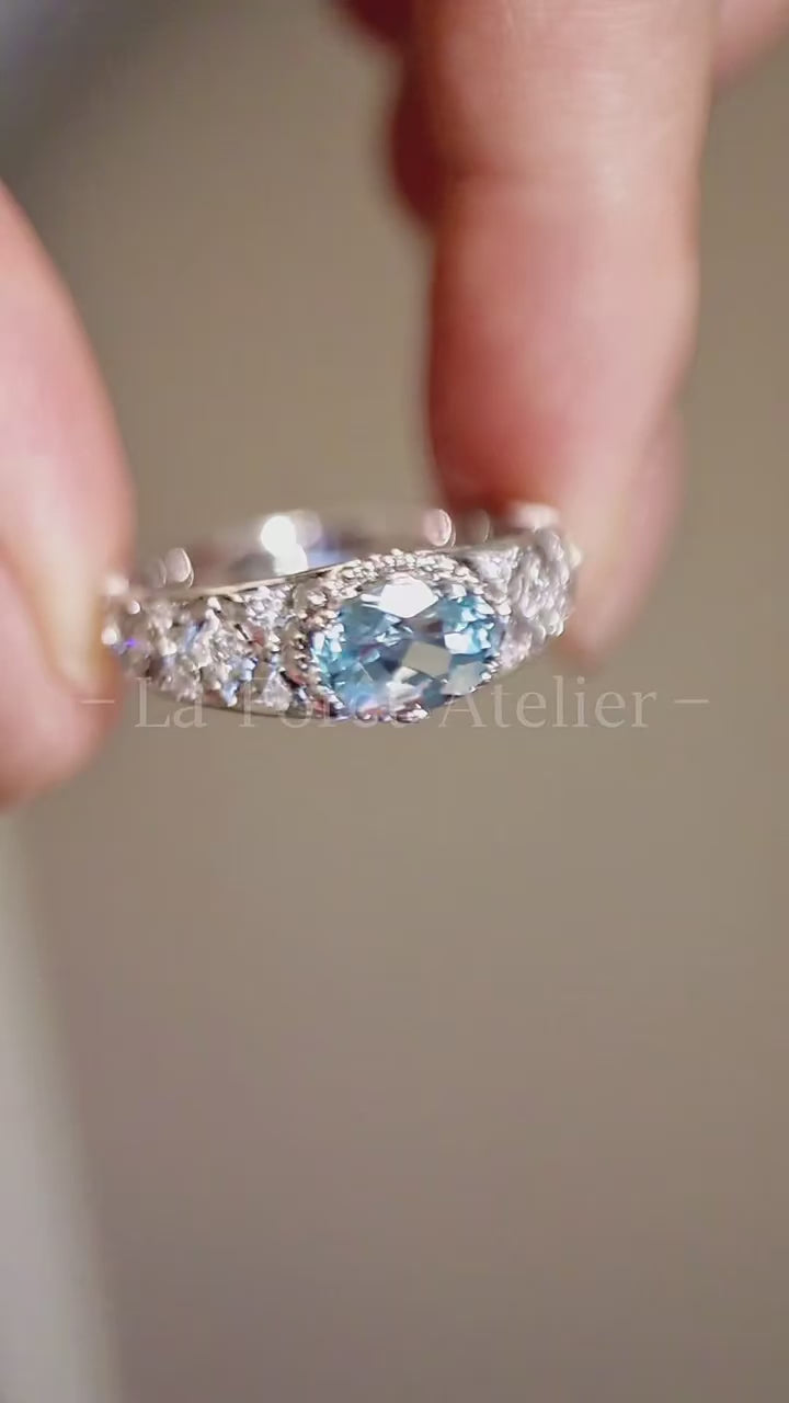 Serenya ring with 1ct lab-grown aquamarine and geometric diamond band
