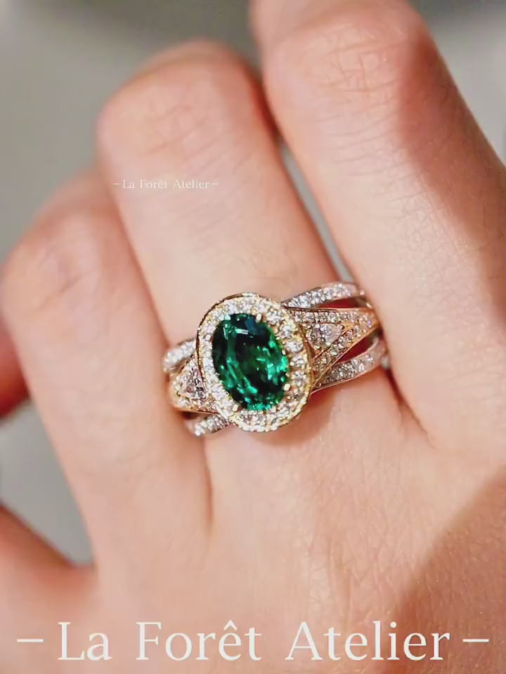 Esmera 2ct oval lab emerald three-piece ring set with pavé diamond accents and mixed gold bands








