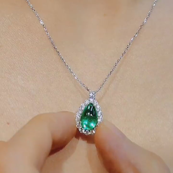 Teardrop pendant necklace with 2ct lab-grown emerald and diamond halo on white gold chain








