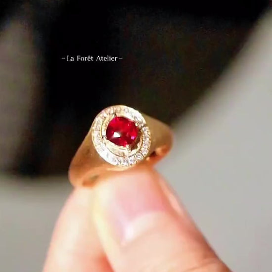 Solenne lab ruby signet ring with 0.5ct square cushion ruby in polished gold setting








