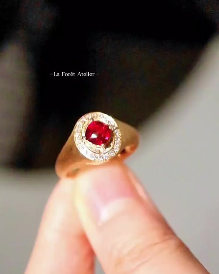 Solenne lab ruby signet ring with 0.5ct square cushion ruby in polished gold setting








