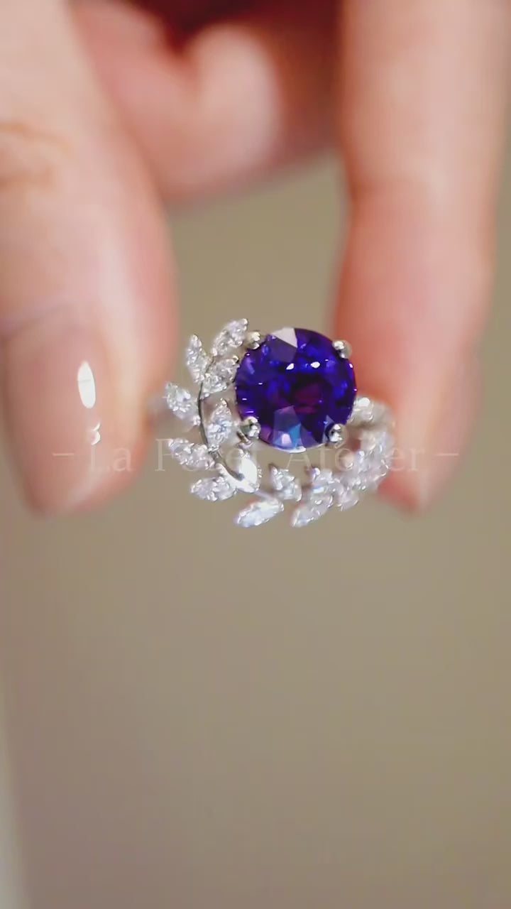 Valeyra ring with 2.5ct lab-grown violet sapphire and diamond wreath design








