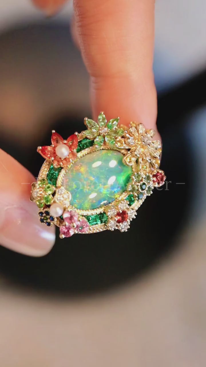 Colorful floral ring with doublet opal, diamonds, and multicolored gemstones – Floravelle








