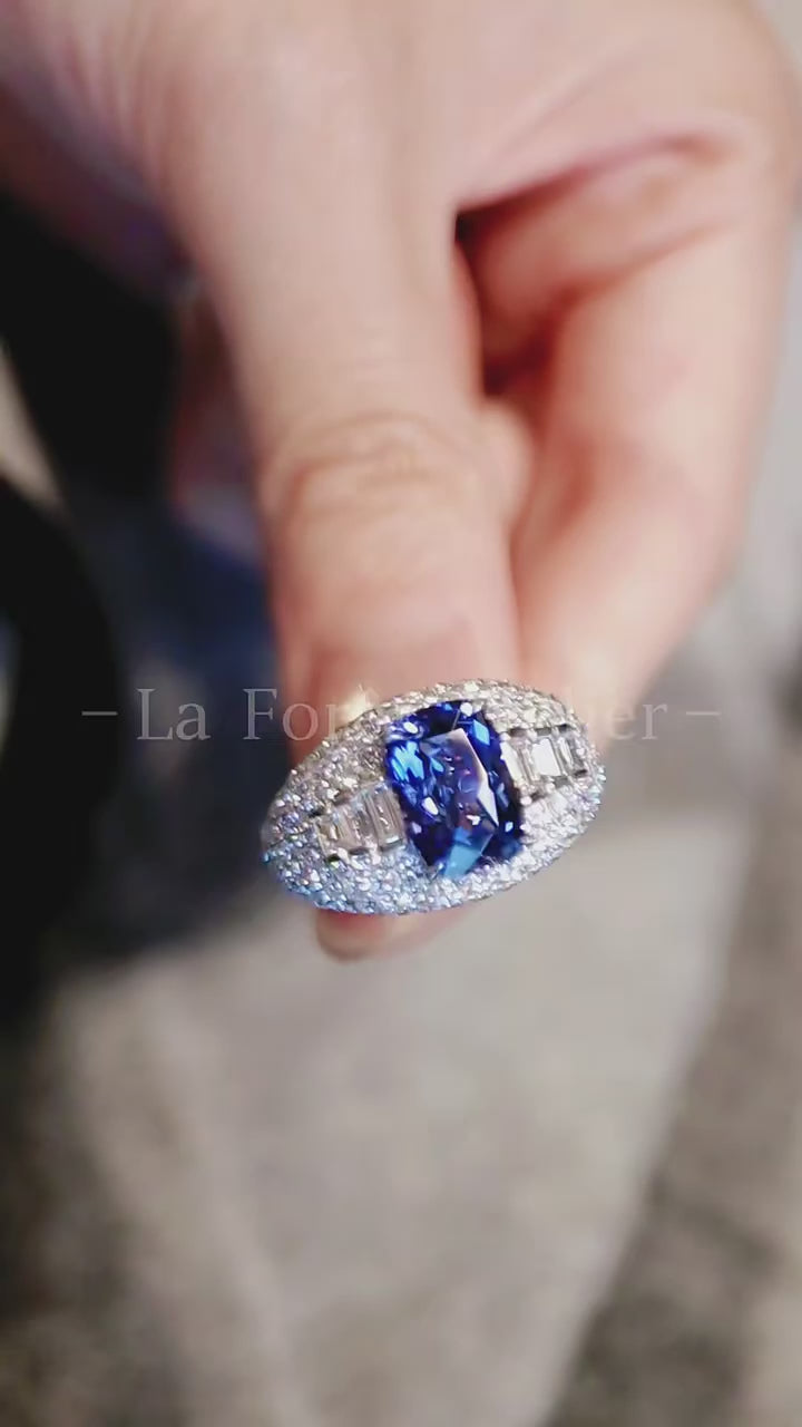 Kaelira dome ring with royal blue lab sapphire and diamond accents








