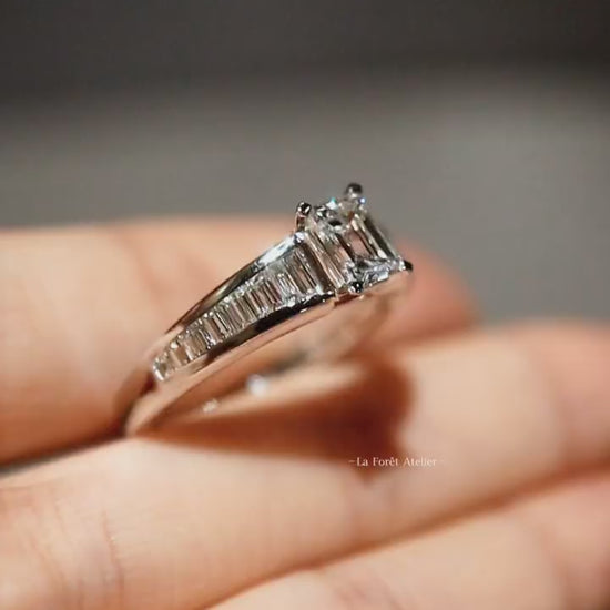 Zarelle emerald-cut 1ct lab diamond ring with baguette accents in white gold








