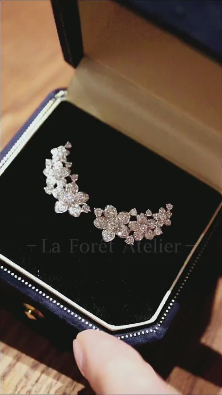 Elowynn floral climber earrings with lab-grown diamonds in white gold – botanical-inspired bridal and formal earrings

