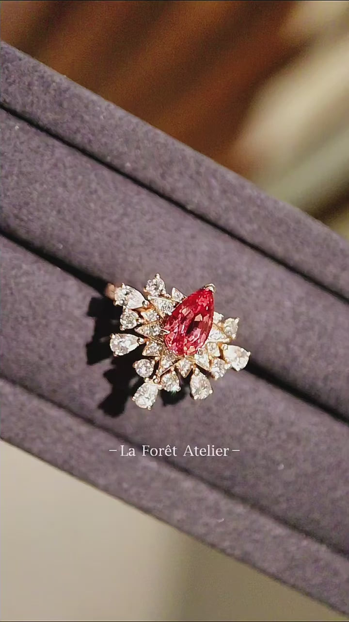 Taislyn ring with 1.5ct lab-grown padparadscha sapphire and diamond halo set in rose gold – starburst gemstone engagement ring

