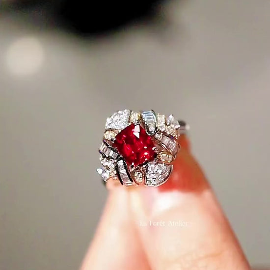 Davira lab ruby art deco halo ring with mixed lab diamonds in white gold








