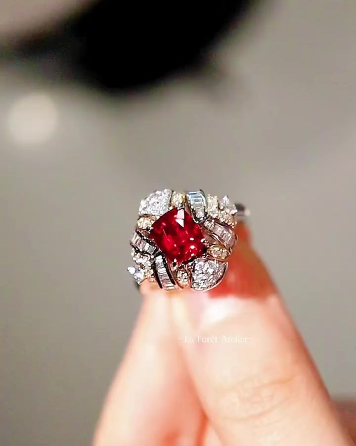 Davira lab ruby art deco halo ring with mixed lab diamonds in white gold








