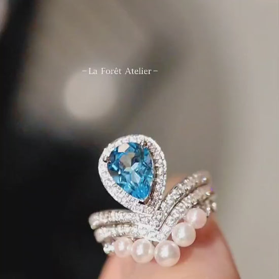 Two-piece aquamarine ring and ring guard set

