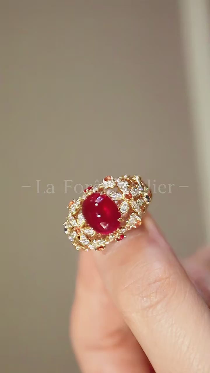 Velanya 2ct lab-grown ruby cocktail ring with gold floral setting and diamond accents