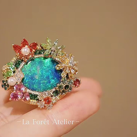 Doublet opal floral ring with lab diamonds in yellow gold

