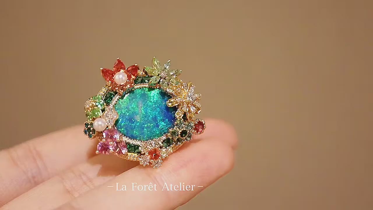 Doublet opal floral ring with lab diamonds in yellow gold

