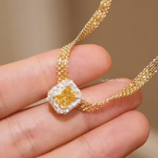 Miren yellow lab diamond gold necklace with radiant-cut center and diamond halo








