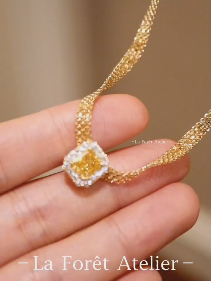 Miren yellow lab diamond gold necklace with radiant-cut center and diamond halo








