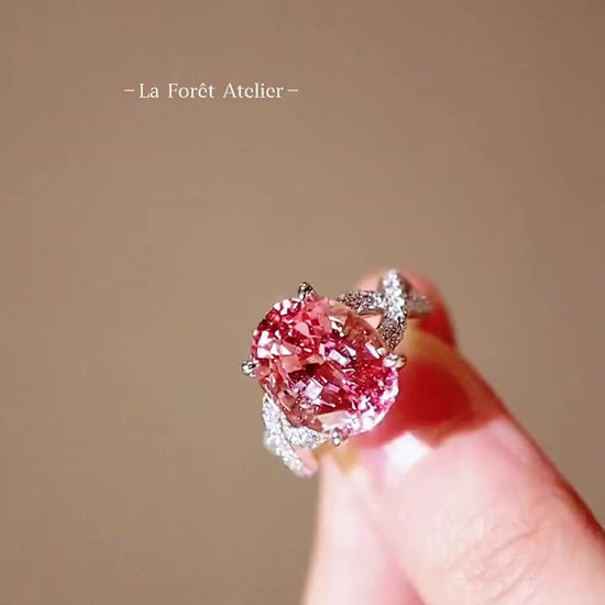 Sorelle 10ct oval lab padparadscha sapphire ring with floral diamond halo in white gold








