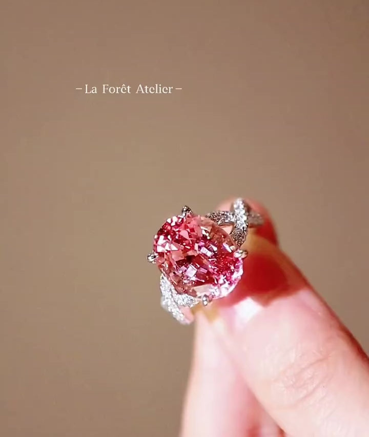 Sorelle 10ct oval lab padparadscha sapphire ring with floral diamond halo in white gold








