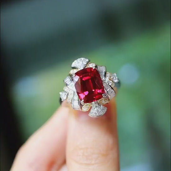 Cassiora 4ct lab-grown ruby ring with radiant diamond starburst setting








