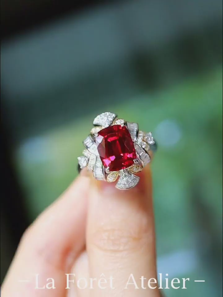 Cassiora 4ct lab-grown ruby ring with radiant diamond starburst setting








