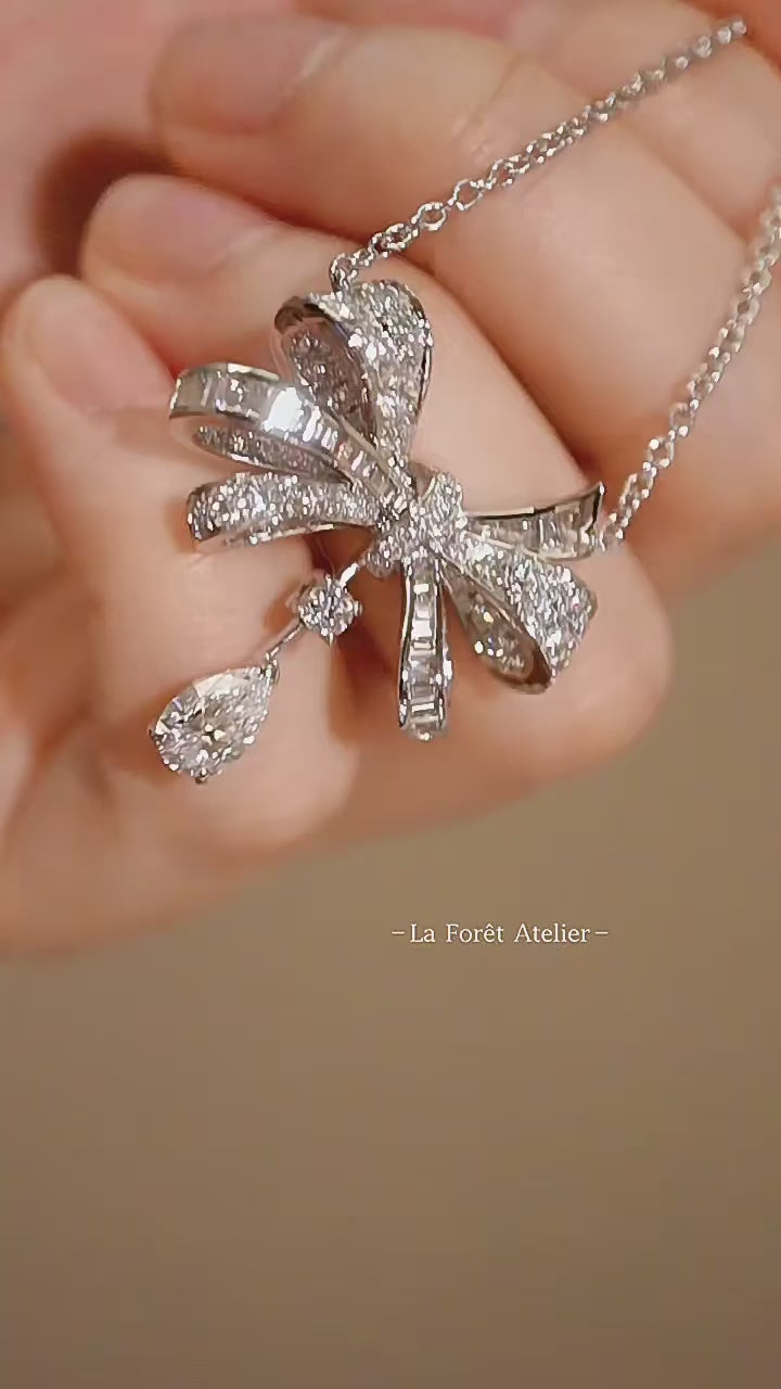 Pavé and Baguette Diamond Bow Pendant Necklace