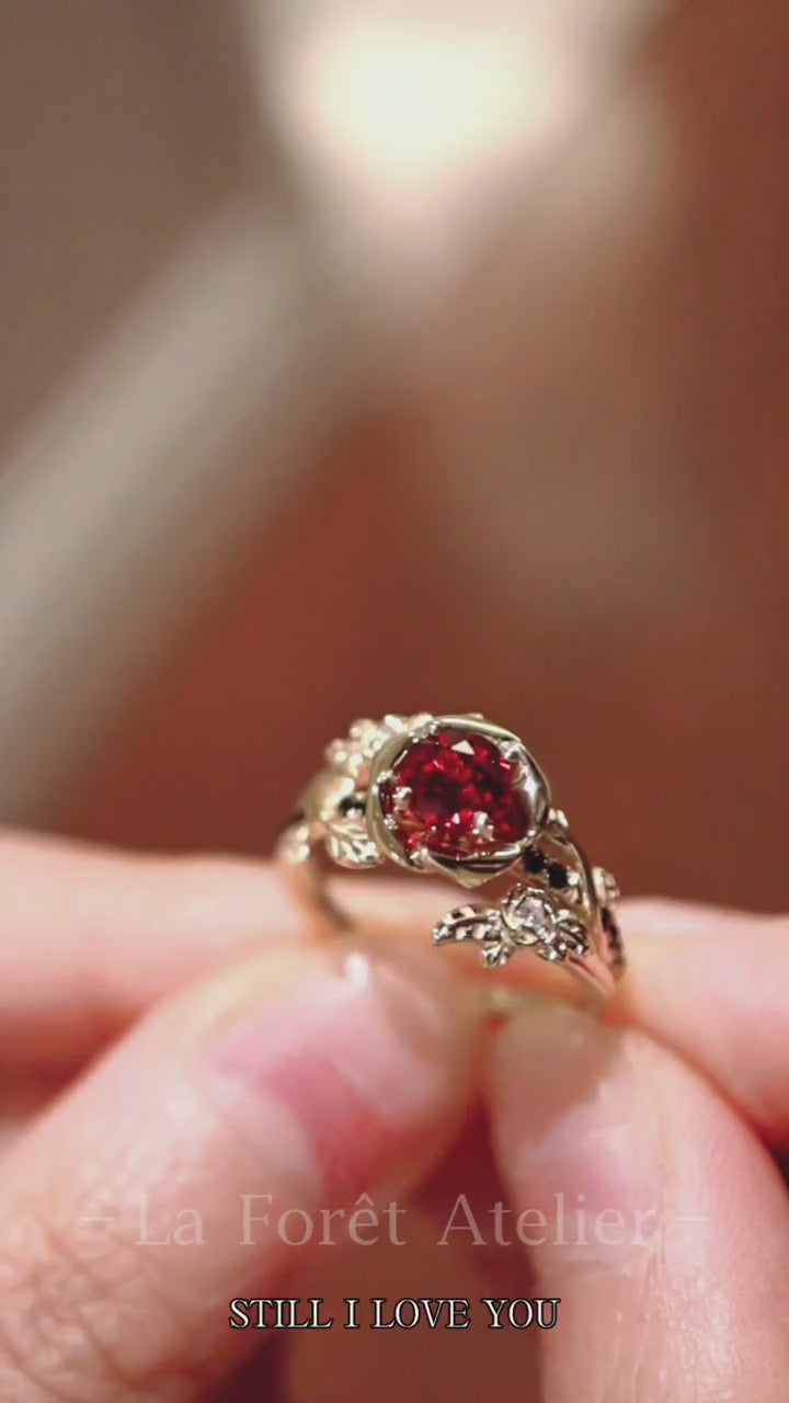 Clarionne ring with 1ct lab-grown ruby in a sculpted floral bezel and diamond vine accents in gold – romantic vintage-inspired fine jewelry

