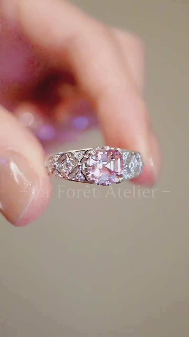 Clarisse ring with 1.5ct natural pink morganite and diamond-accented vintage band