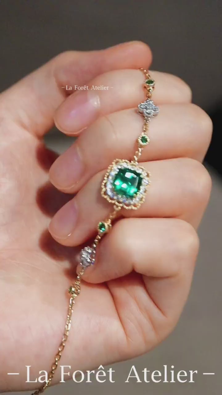 Ophira bracelet with 3ct lab-grown emerald, double diamond halo, and gemstone stations in yellow gold – luxury fine jewelry bracelet

