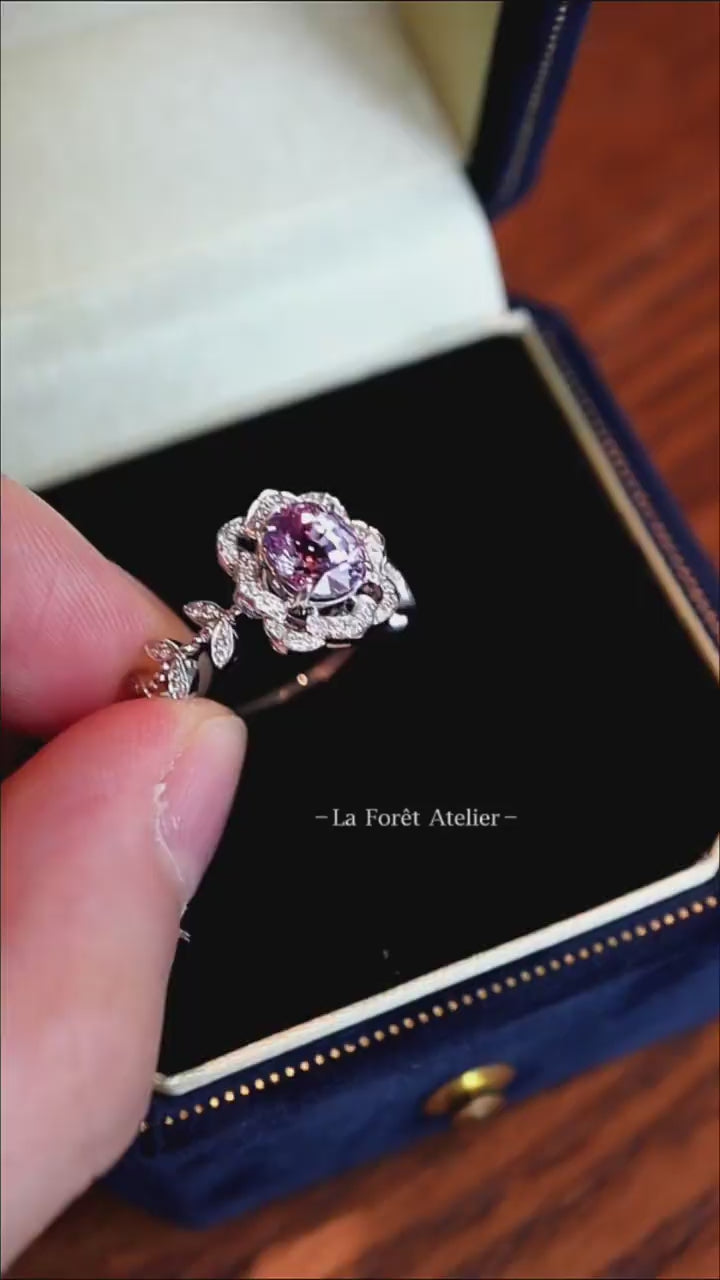 Auralie ring with 1ct oval lavender sapphire, diamond flower petals, and vine band in white gold – romantic floral engagement ring

