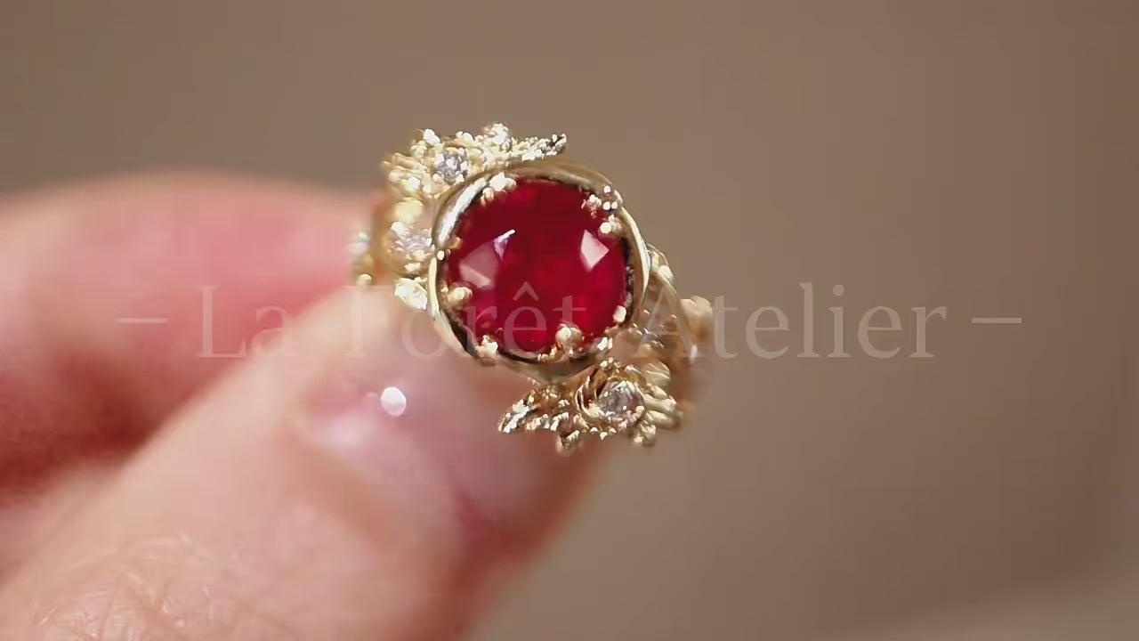 Valtira ring with 1.5ct lab-grown ruby and floral diamond-accented gold setting
