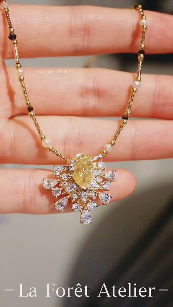 Fancy yellow diamond pendant with white pear-cut accents

