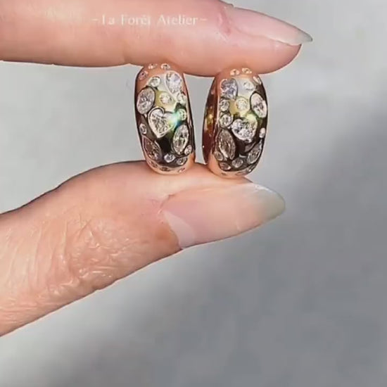 Gold huggie earrings with heart and marquise lab diamonds