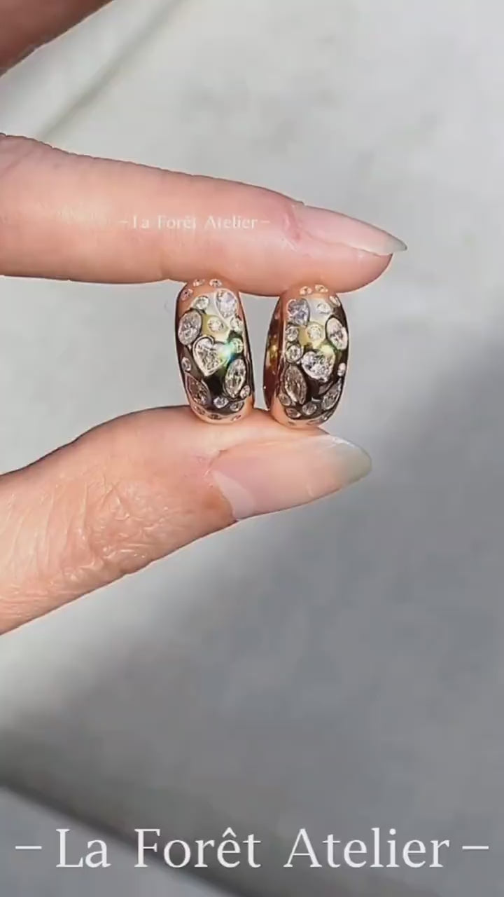 Gold huggie earrings with heart and marquise lab diamonds