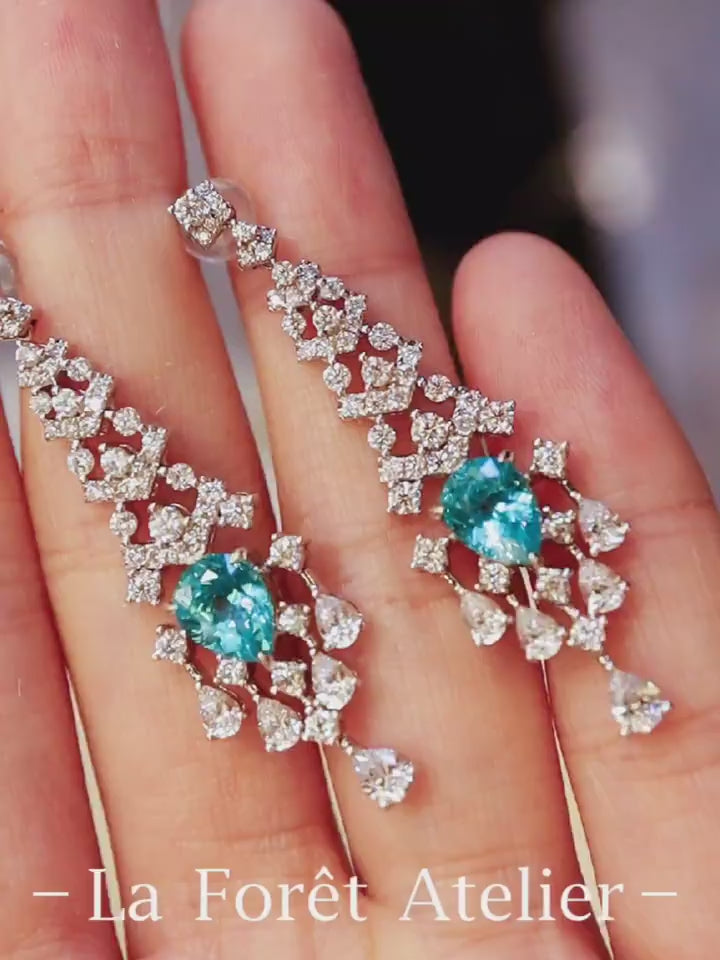 Severa chandelier earrings with lab-grown paraiba tourmalines and diamonds in white gold









