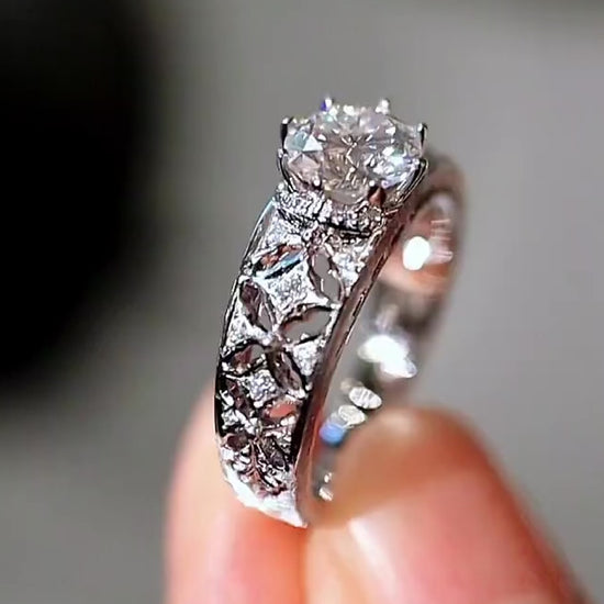 1ct lab diamond ring with floral filigree and white gold setting








