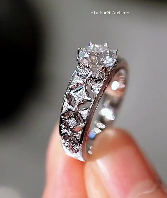 1ct lab diamond ring with floral filigree and white gold setting








